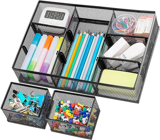 Marbrasse 3 Packs Desk Drawer Organizers, Metal Mesh Dividers Desk Drawer Organizer Tray with 9 Adjustable Compartments, Pen Organizer for Drawer Tray Box Accessories for Desktop,Kitchen, Makeup-NeatNest