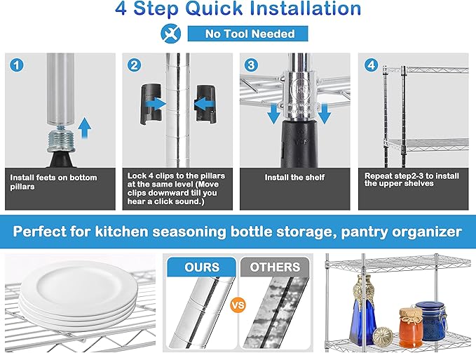 3-Tier Shelf Organizer, Kitchen/Bathroom Storage Shelves, NSF Certified, Adjustable Metal Wire Shelving Unit, 14x24x30 inches, 9 lbs