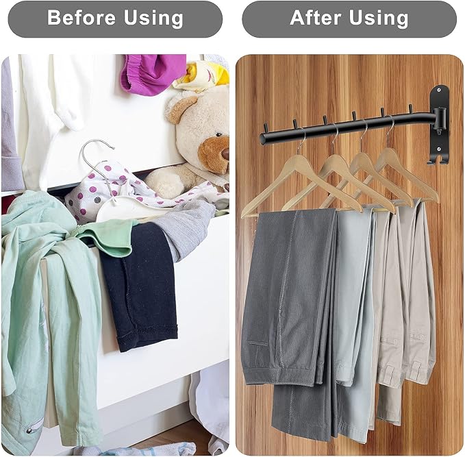 2-Pack Wall Mounted Folding Clothes Hanger Rack, Stainless Steel Clothes Hooks with Swing Arm Holder Space Saving Clothing Hanging System Closet Storage Organizer Heavy Duty Drying Rack (Black)