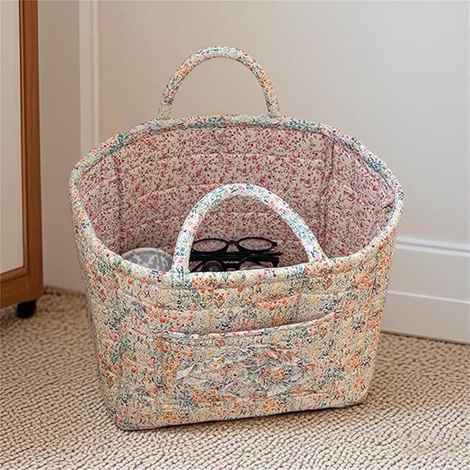 Boho Fabric Storage Basket Quilted Floral Print Baskets Organizer Bin with Handles for Home, Picnic, Shopping (Blue, L)-NeatNest
