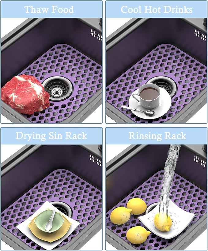 2 Pack BEHOK Silicone Sink Protectors for Kitchen Sink, Bathroom Sink, 13.58"x 11.6" Heat-resistant Mat, Non-Slip and Durable Sink Protector Silicone, Center Drain, Purple
