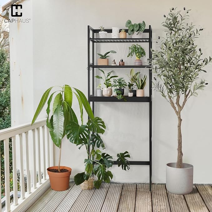 CAPHAUS Over The Toilet Storage Shelf,3-Tier Over-The-Toilet Shelf Rack with Adjustable Feet & Hooks, Freestanding Bamboo Toilet Shelf, Bathroom & Laundry Organizer, Balcony Plant Stand, Black-NeatNest