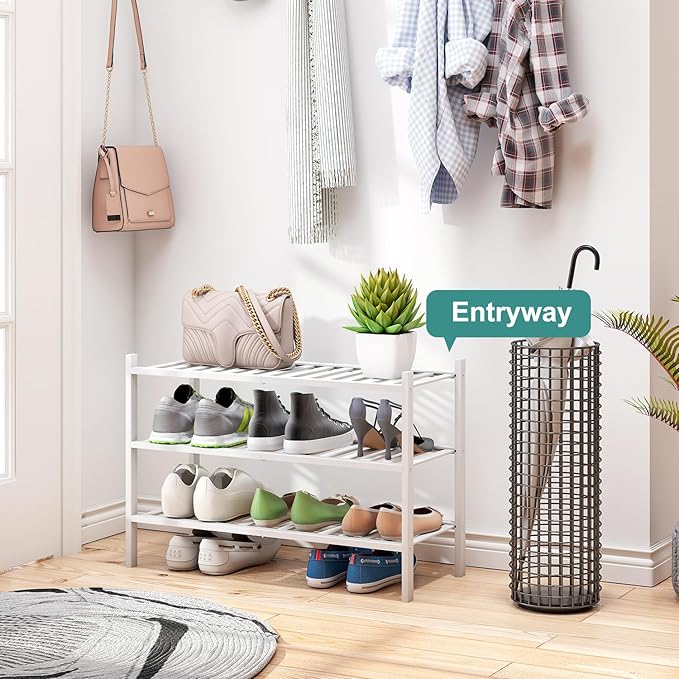 White Shoe Rack, 3-Tier Bamboo Wood Shoe Rack for Closet, Entryway & Hallway, and Stackable Shoe Shelf Storage Organizer for Indoor and Outdoor-NeatNest