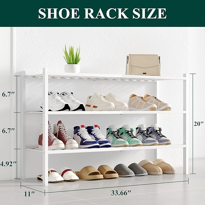 Smiry Shoe Rack, 3 Tier Long Bamboo Shoe Organizer, Stackable Free Standing Wooden Shoe Storage Shelf for Closet, Entryway, Front Door Entrance, White-NeatNest