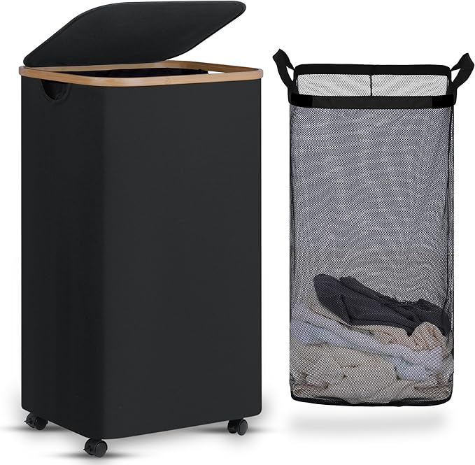 efluky Laundry Basket with Wheels, Tall Rolling Laundry Hamper with Lid and Removable Bag, Aesthetic Dirty Clothes Hamper on Wheels for Laundry Room, Bedroom, Dorm and Bathroom, 100L Black-NeatNest