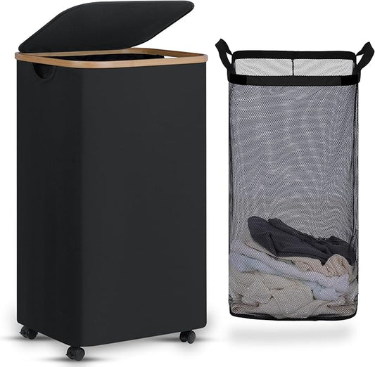 efluky Laundry Basket with Wheels, Tall Rolling Laundry Hamper with Lid and Removable Bag, Aesthetic Dirty Clothes Hamper on Wheels for Laundry Room, Bedroom, Dorm and Bathroom, 100L Black-NeatNest