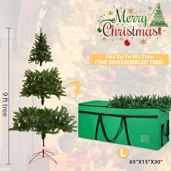 9 ft Christmas Tree Storage Bag, Heavy Duty Christmas Tree Bag with Reinforced Handles and Dual Zippers Wide Opening, Large Capacity fits for Artificial Christmas Tree (Green, 9 ft)-NeatNest