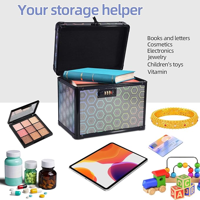 Medication Combination Lock Boxes with Code for Personal Items, Medicine Lockbox for Documents 10 x 7.25 x 7.75 Inches Colorful Black