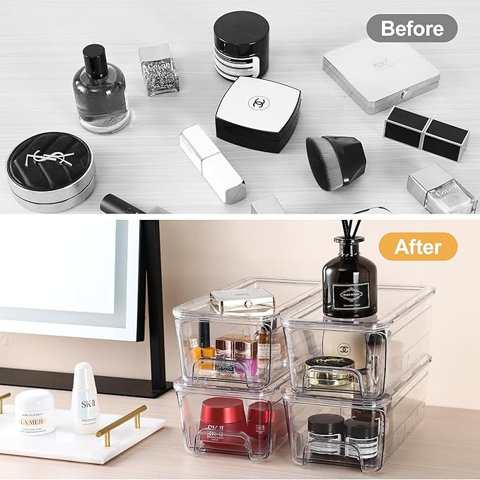 Acrylic Stackable Storage Drawers, 4Pack Clear Vanity Tool Makeup Organizer, 12"D*6.2"W*4.3"H Plastic Drawer Bathroom Storage and Organization, Desk Medicine Cabinet Bins Baby Bottle Organizer