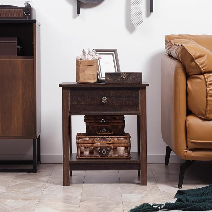 HOMCOM End Table with Drawer, Side Table with Top and Bottom Shelf for Small Spaces, Dark Brown