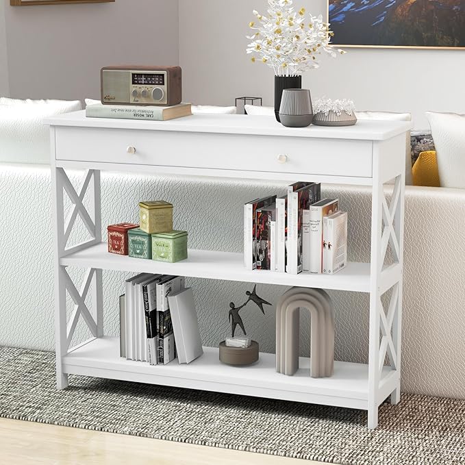 GOFLAME 39" Console Sofa Table with Drawers, 3-Tier Narrow Entry Table with Storage Shelves for Living Room Behind Couch, Entryway, Hallway (White)-NeatNest