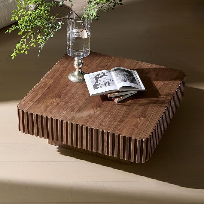 35.43" Square Fluted Drum Coffee Table, Handcrafted Accent Table Modern Contemporary Pedestal Coffee Table for Living Room Small Space - Walnut