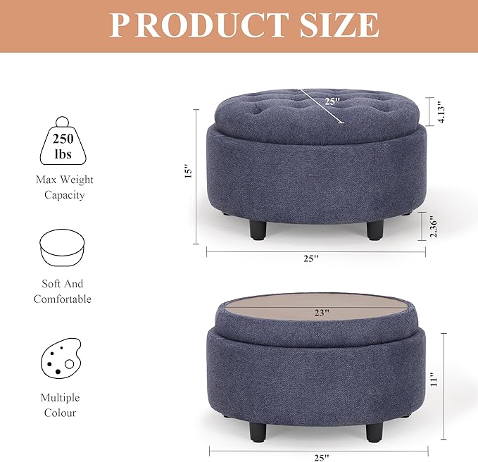 COLAMY Fabric Round Storage Ottoman with Reversible Tray Lid – Multi-Functional Footrest, Hidden Storage, Sturdy & Stylish Small Coffee Table for Living Room, Bedroom, or Entryway(Blue)-NeatNest