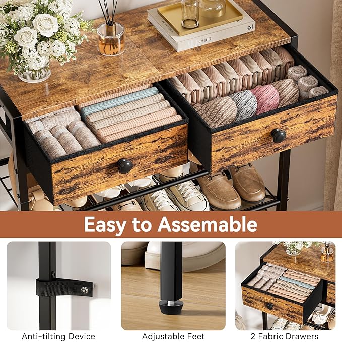 Shoe Rack for Entryway, 5 Tier Shoe Organizer with 2 Non-woven Drawers, Metal Storage Shoe Shelf for 16-20 Pairs of Shoes, with Wooden Top and Steel Frame, Shoe Stand for Closet Rustic Brown-NeatNest