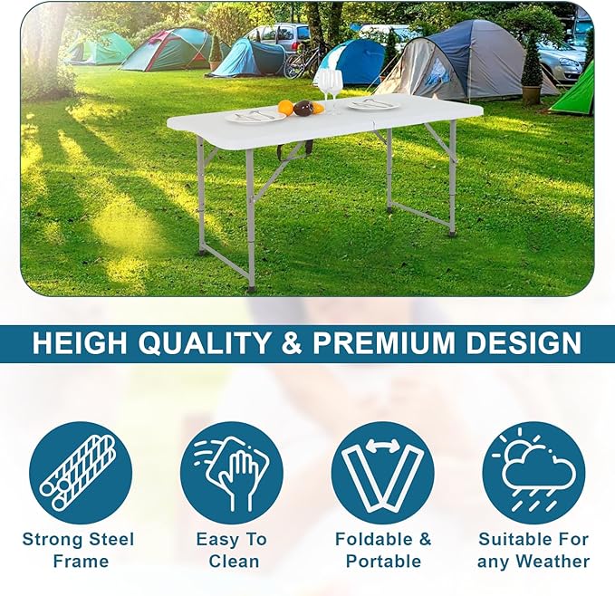 BomYees 4FT Folding Table Plastic Camping Table Portable Picnic Table for Easy Storage, Ideal for Outdoors Camping, Picnics, Parties Wedding & Indoor Events with Carrying Handle,White…-NeatNest