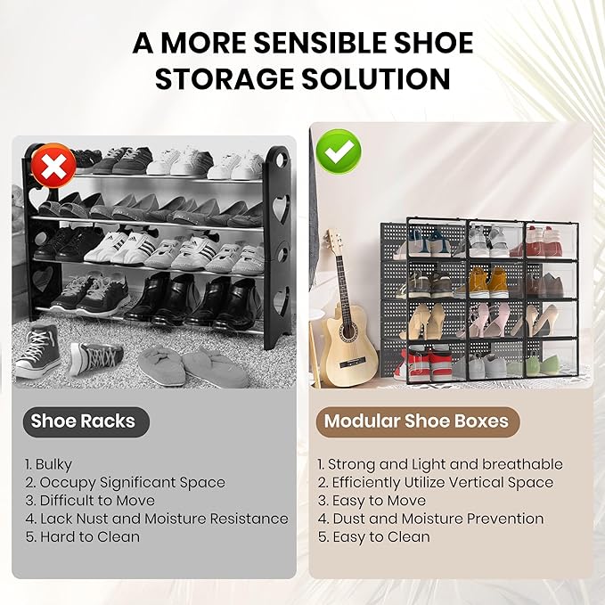12 Pack XXX-Large Modular Clear Plastic Stackable Shoe Storage Organizer for Closet, Space Saving Versatile Sneaker Shoe Rack Containers Bins Holders, Portable Closet Organizers and Storage, Black-NeatNest