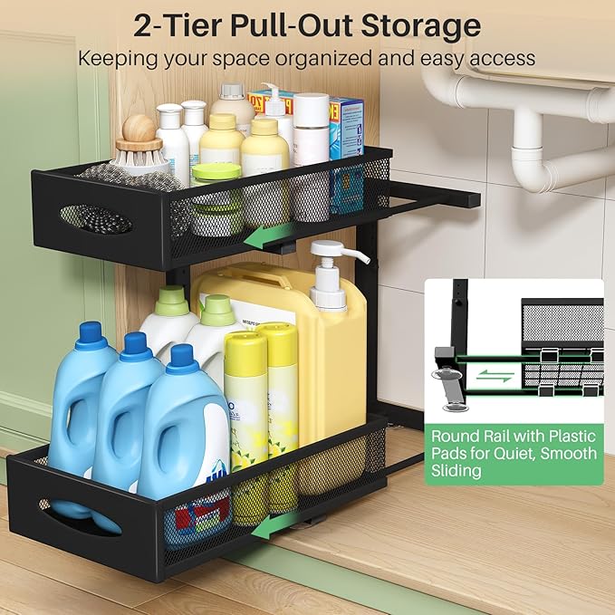 Under Sink Organizer, 2 Tier Pull out Cabinet Organizer Baskets with Mesh Sliding Drawers, Slide out Storage Shelf for Home, Kitchen, Bathroom, Pantry, Office Cabinet, Countertop(1 Pack)-NeatNest