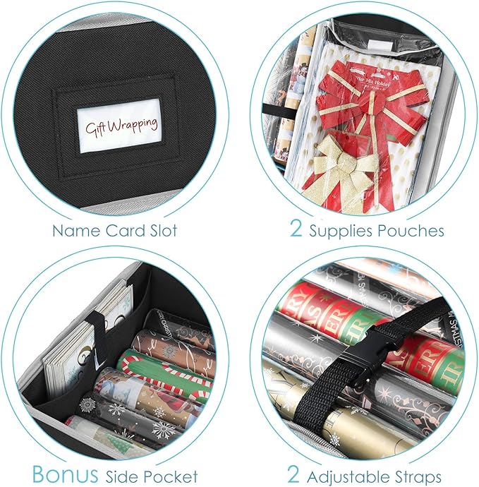 Hearth & Harbor Wrapping Paper Storage Container and Clear Wrap Paper Holder - Christmas Storage Bag with Interior Pockets - Fits Up to 36 Rolls of 40" - Tear Proof, Black-NeatNest