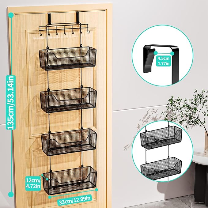 HapiRm Over The Door Organizer - Hanging Door Organizer with 4 Metal Large Capacity Baskets and Adjustable Coat Hook for Bathroom Bedroom Kitchen Pantry Closet Cabinet-NeatNest