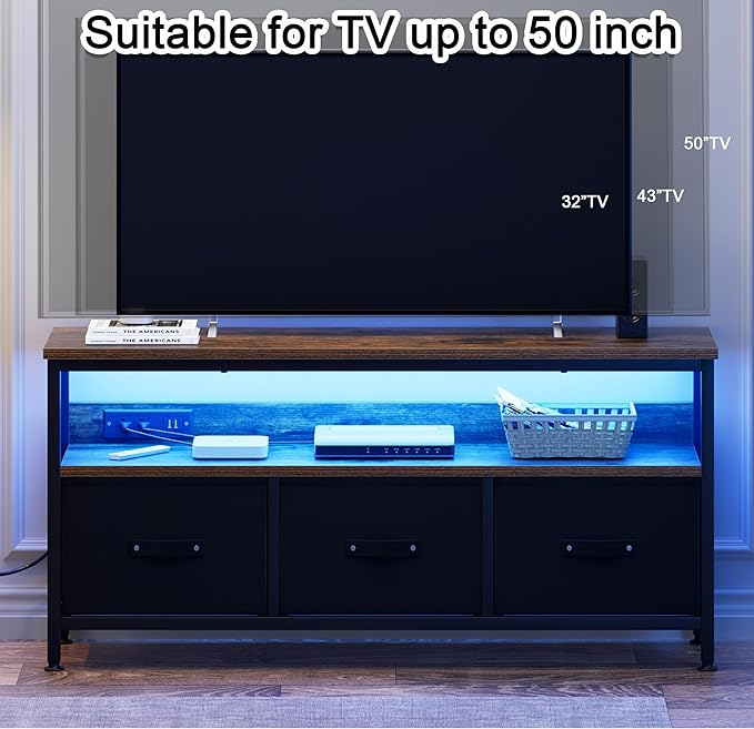 39" TV Stand for TVs up to 50", Media Console with Charging Station & LED Lights, 2 Drawer Storage Chest, Gaming Entertainment Center with Storage for Living Room, Brown, Medium-NeatNest