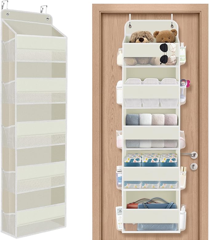 1 Pack Over The Door Organizer, Hanging Storage Organizer with Clear Window, 40lb Ultra Sturdy Large Capacity Room Organizer for Pantry Bathroom Nursery Closet Baby Essential (Beige)-NeatNest