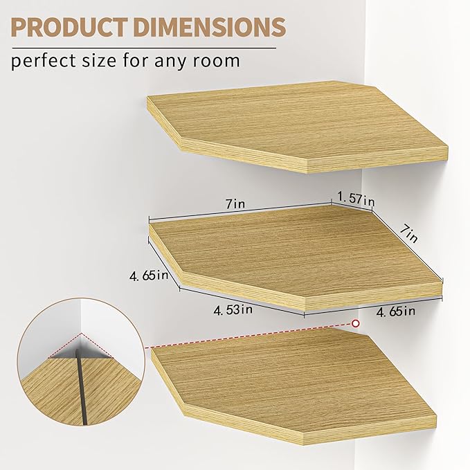Corner Shelf Wall Mount, Floating Corner Shelves, Set of 3 Corner Wall Shelf Organizer, Rustic Wood Wall Storage Display Shelves for Living Room Bedroom Bathroom Kitchen, Rustic Brown, Oak-NeatNest