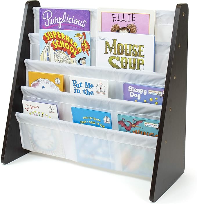 Humble Crew 4-Tier Kids Bookshelf, Espresso Wood/White - Premium Book Shelf for Kids Rooms with Four Deep Pockets - Toddler Sling Book Rack with Deep Sleeves, Nursery Bookcase Organizer