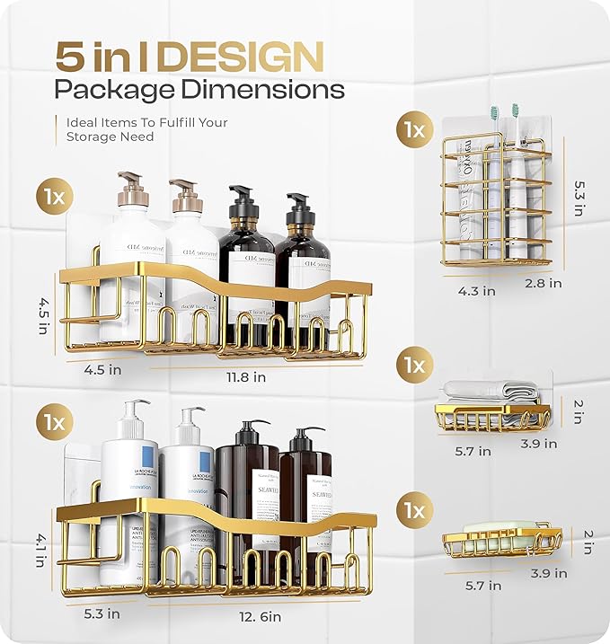 Luxury Style 5 Pack Stainless Steel Adhesive Shower Caddy Set - Rustproof Bathroom Organizer with Large Capacity Storage| No Drilling Shelves Shower Caddy Organizer | Bathroom Decor (Luxury Gold)