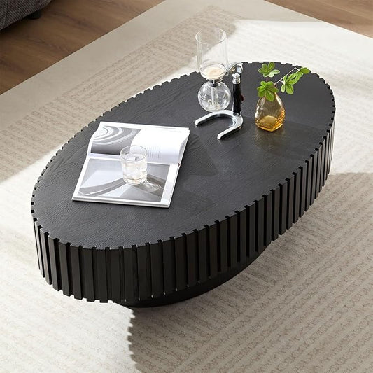 Kevinplus Black Oval Coffee Table - Modern Wood Coffee Table for Living Room, Contemporary Circle Fluted Drum Design, Easy Assembly, 43.7'' x 24.8'' x 13.38''