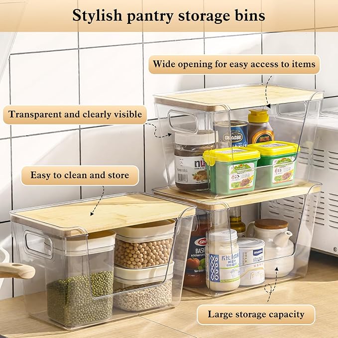 4 Set Pantry Organizers and Storage with Bamboo Cover, Fruit and Vegetable Can for Kitchen Organizer, Clear Front Open Bins with Handle Storage Bins for Potato, Onion, Garlic, Fruits, Vegetable