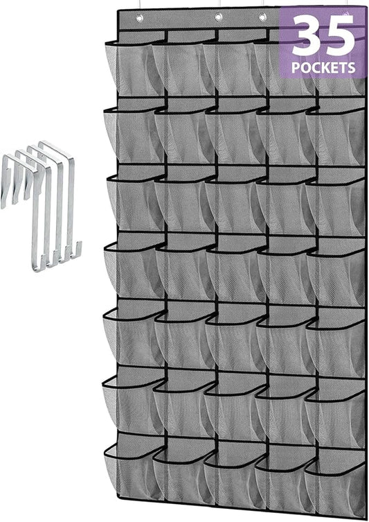 35 Large Pockets Over the Door Shoe Organizer, Extra Sturdy Oxford Fabric Hanging Shoe Rack for Door Closet, Wall Mesh Shoe Storage Holder for Mens Women Shoes (Grey)-NeatNest