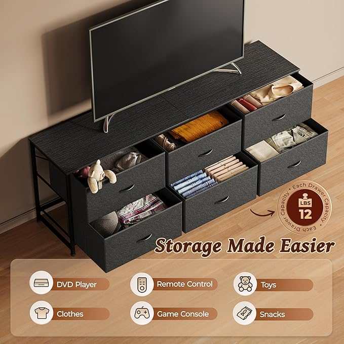 Huuger 63 Inch Long Dresser for Bedroom, Wide TV Stand for 55, 65, 70 Inch TV, 6 Drawer Dresser for Closet with Fabric Drawers, Storage Organizer for Bedroom, Entryway, Black-NeatNest