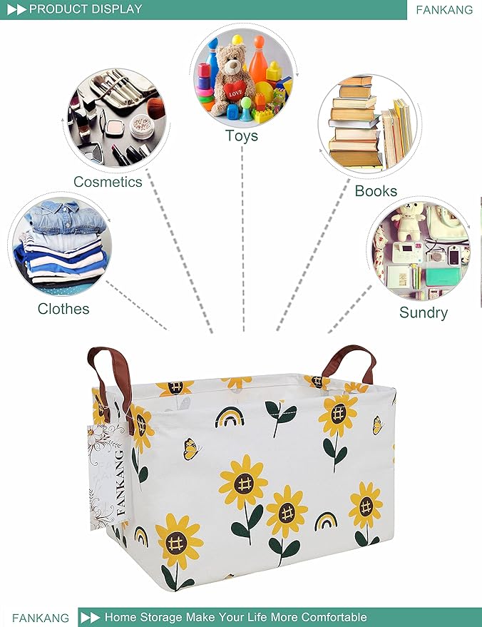 FANKANG Storage Bins, Nursery Hamper Canvas Laundry Basket Foldable with Waterproof PE Coating Large Storage Baskets for Kids Boys and Girls, Office, Bedroom, Clothes,Toys(Rec-Sunflower）
