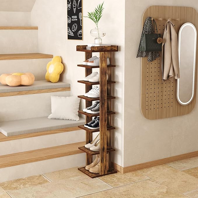 HOMEFORT 7-Tier Wood Shoe Rack, Entryway Shoe Tower,Vertical Shoe Organizer, Wooden Shoe Storage Stand, Rustic Brown-NeatNest