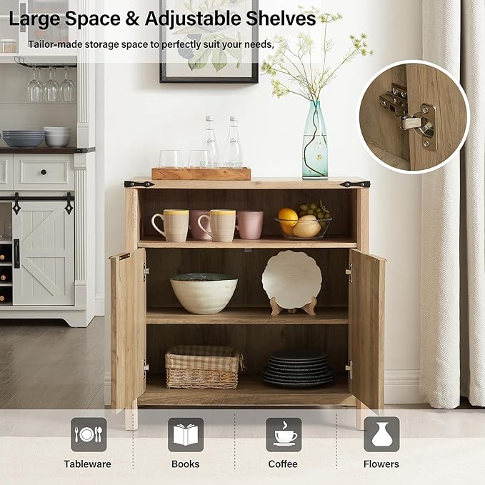32 Inch Fluted Sideboard Buffet Cabinet with Storage, Modern Farmhouse Accent Credenza with Adjustable Shelves, Coffee Wine Bar for Kitchen, Living Room (Sunwashed Ash Oak, Set of 2)