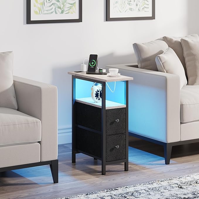 End Table with Charging Station, Narrow Side Table with 2 Fabric Drawers, Skinny Nightstand with LED Light, Slim Bedside Table for Bedroom, Living Room, Small Spaces, Greige and Black