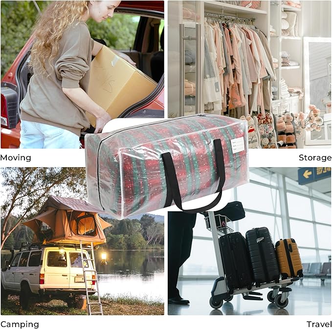Heavy Duty Moving Bags, 2 Pack with Full Wrap Carry Handles and Double Zippers, 27 Gallon- 100lbs Large Storage Bins，with Labeled Window for Clothing, Bedding Storage, Packing Bags for Moving