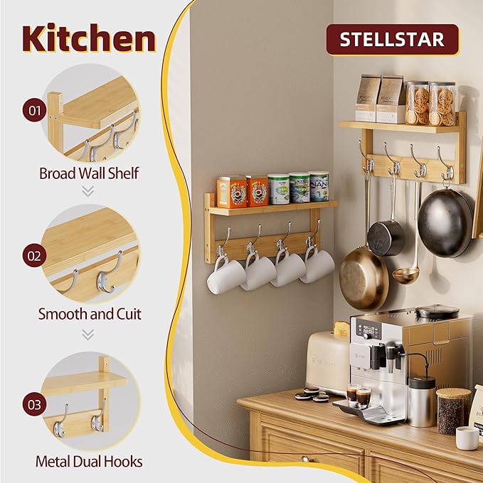 Coat Rack with Shelf, 2 Pack Bamboo Wall-Mounted Coat Hanger with 8 Hooks for Entryway, Hallway, Kitchen, Bathroom, Living Room, Utility Room (Natural)-NeatNest