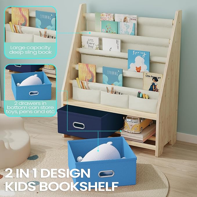 4 Tier Kids Book Shelf, Wooden Kids Book Rack Storage Bookshelf with Toy Storage Organizer, Toddler Sling Bookshelf for Boys, Girls, Kids Room, Blue