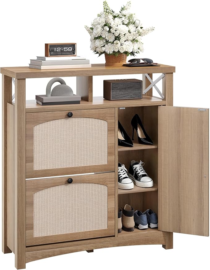 DWVO Farmhouse Shoe Cabinet with 2 Flip Drawers, Rattan Shoe Rack w/Door, Entryway Shoe Organizer with Open Storage & Adjustable Shelves, Rustic Hidden Shoes Storage Cabinet for Foyer, Hallway, Oak-NeatNest
