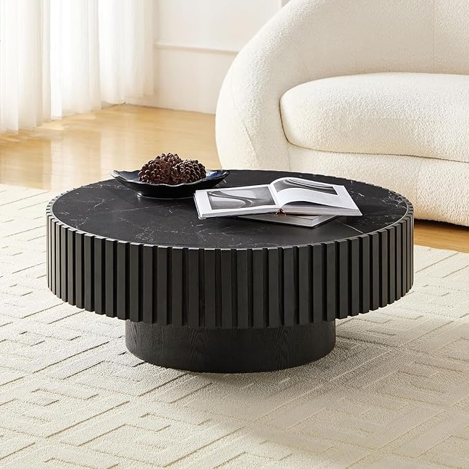 Coffee Table Stone Round 35.43'' for Living Room Modern Coffee Tables Wood Circle Drum Tea Fluted Solid Wooden Veneer Sintered Tabletop Handcraft Home Furniture for Apartment Easy Assembly Black-NeatNest