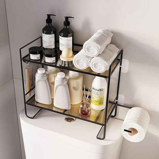2-Tier Over Toilet Storage Rack, Gold Metal Bathroom Organizer Shelf, Toilet Tank Topper with Side Hooks (Black, 2L)-NeatNest