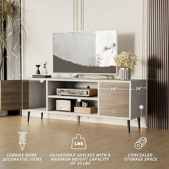JUMMICO TV Stand for 65 Inch TV, Mid Century Modern TV Stand, Entertainment Center with Storage Cabinet and Open Shelves, TV Console Table Media Cabinet for Living Room, Bedroom and Office (Oak)-NeatNest