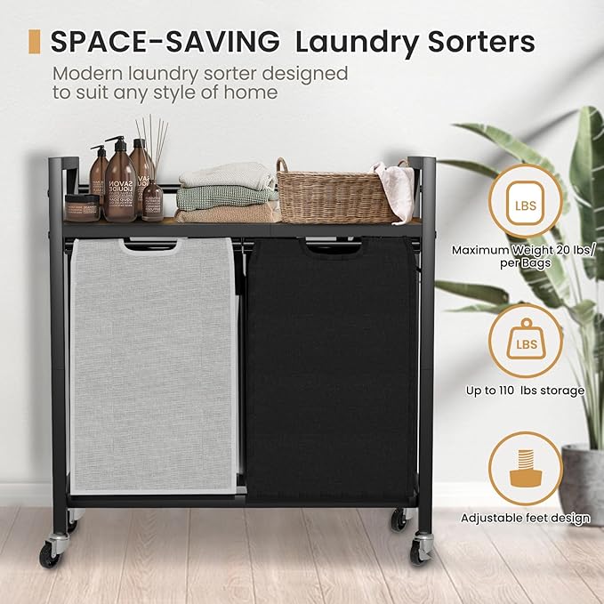 Laundry Hamper, Laundry Basket, Laundry Sorter with 2 Removable Bags, Clothes Basket with 2 Compartments, Wheels, Shelf for Laundry Room Bathroom Bedroom (2 Bags-Black Grey)-NeatNest