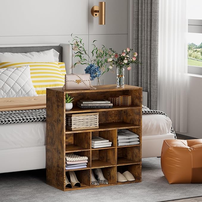 Garden 4 you Shoe Rack Organizer, 5-Tier Wood Cubby Shoe Rack with 2 Storage Shelf and 9 Cubbies, Shoe Organizer Cabinet for Entryway, Hallway, Closet and Garage,Brown-NeatNest