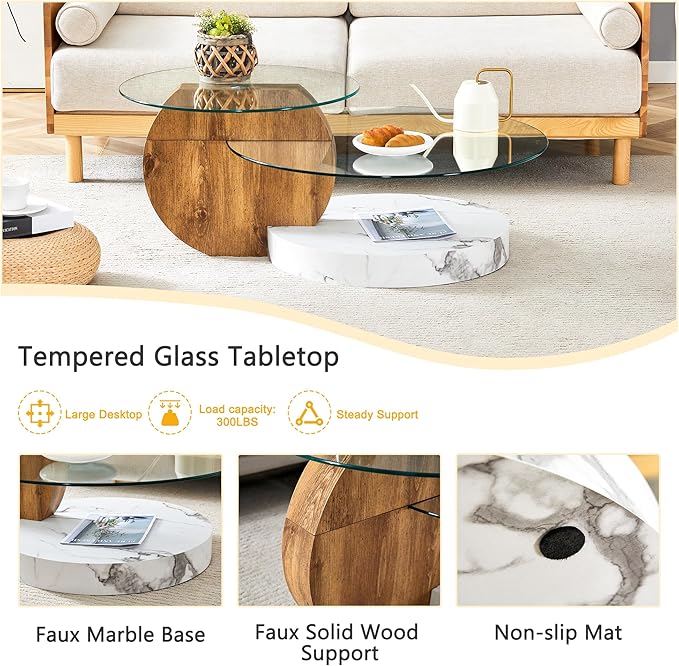 Glass Coffee Tables Round Coffee Tables for Living Room Modern 3 Tier Round Table Circle Coffee Table for Small Space Home Office (42 Inch White + Wood)