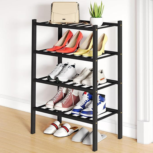 Smiry Shoe Rack, 4 Tier Small Bamboo Shoe Organizer, Stackable Free Standing Wooden Shoe Storage Shelf for Closet, Entryway, Front Door Entrance, Black-NeatNest