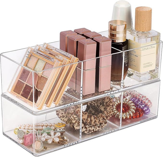JessLab Acrylic Organizer, 2PK Cube Sections Makeup Organizer for Drawer, Makeup Organizer for Vanity, Countertop, Bathroom, Kitchen and Cabinet Storage(3+3 Compartment)-NeatNest
