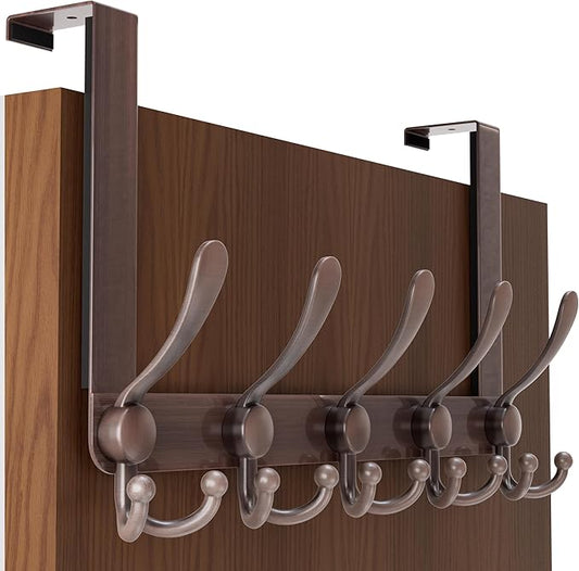 SKOLOO Over The Door Hook - for Doors up to 1-3/4'' Thickness, Metal Door Hanger with 5 Triple Hooks, Copper Red Over The Door Hanger for Coats, Hats, Towels, Assembly Required