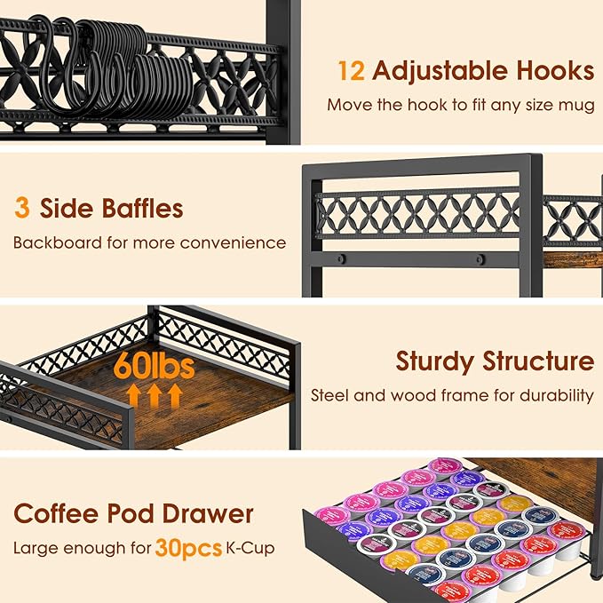 Coffee Bar Organizer Countertop, 2 Tier Mug Cup Holder Stand with 12 Hooks, 30 K Cup Coffee Pod Drawer with Mug Rack, Multifunctional Shelf Organizer for Accessories Station Kitchen (Brown)-NeatNest